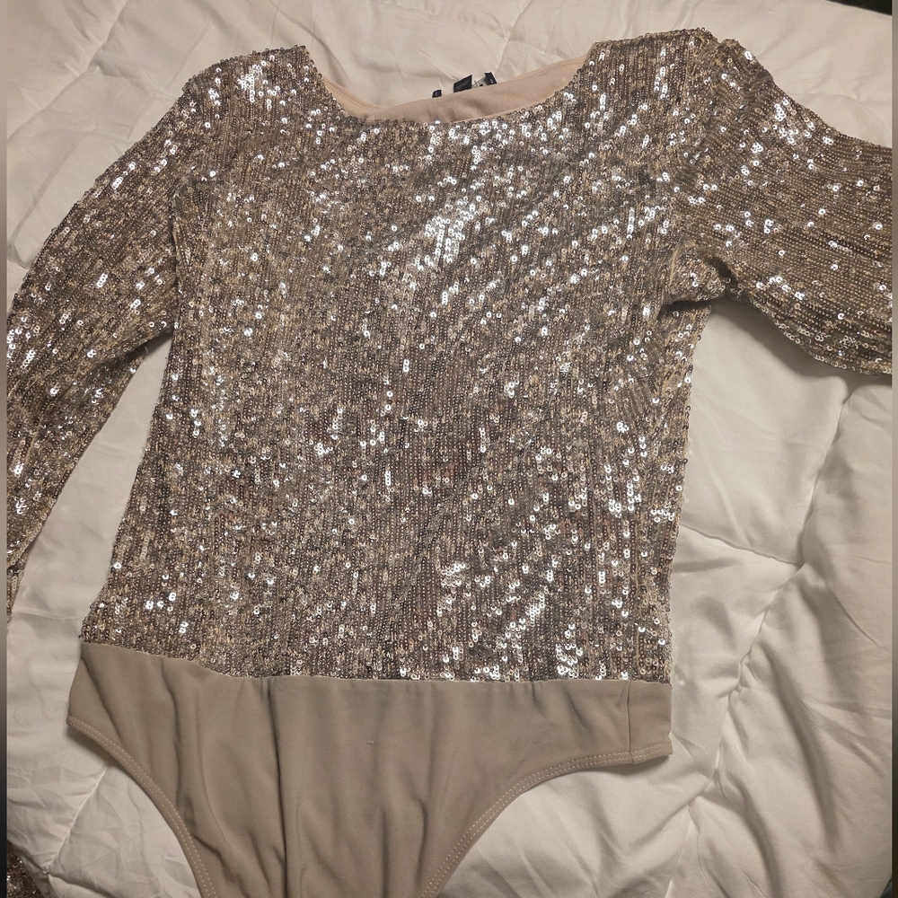 Express Metallic Sequin V-Neck Bodysuit - Silver - Picture 3 of 3